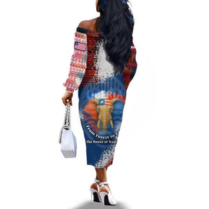 Liberia Elephant Power of Tradition Off The Shoulder Long Sleeve Dress Tribal Red Blue Splash - African Pride
