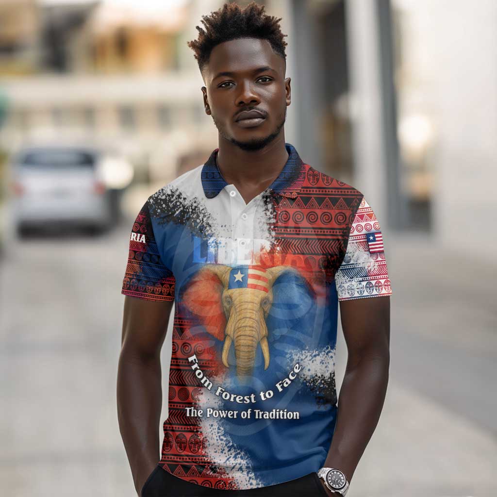 Liberia Elephant Power of Tradition Polo Shirt Tribal Red Blue Splash - African Pride