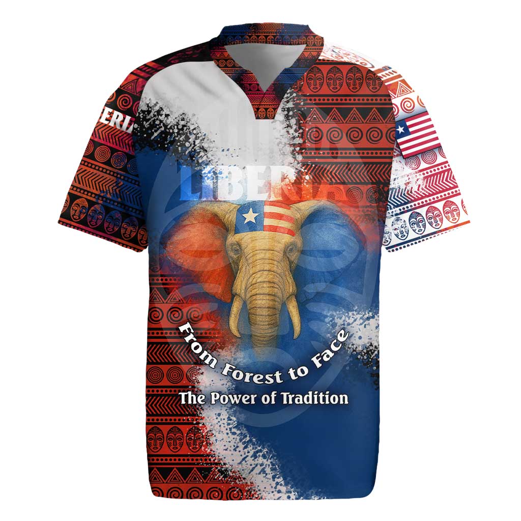 Liberia Elephant Power of Tradition Rugby Jersey Tribal Red Blue Splash - African Pride