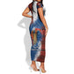 Liberia Elephant Power of Tradition Short Sleeve Bodycon Dress Tribal Red Blue Splash - African Pride
