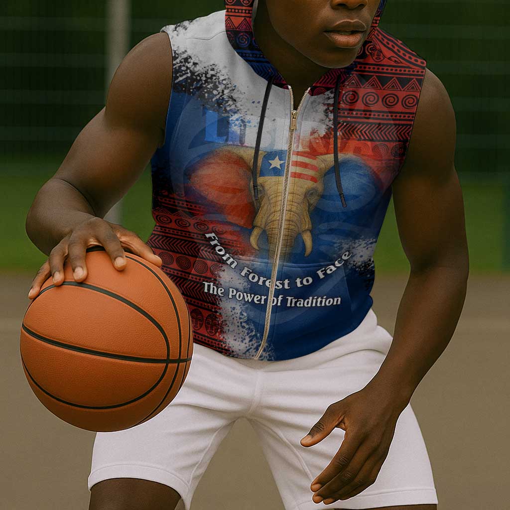 Liberia Elephant Power of Tradition Sleeveless Zip Hoodie Tribal Red Blue Splash - African Pride