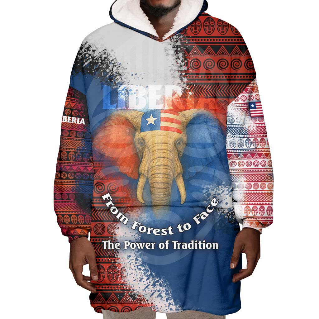 Liberia Elephant Power of Tradition Wearable Blanket Hoodie Tribal Red Blue Splash - African Pride