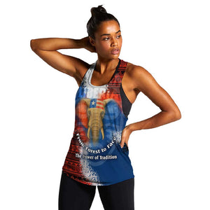Liberia Elephant Power of Tradition Women Racerback Tank Tribal Red Blue Splash - African Pride