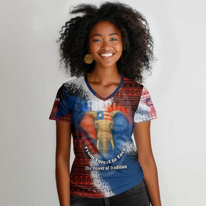 Liberia Elephant Power of Tradition Women V-Neck T-Shirt Tribal Red Blue Splash - African Pride