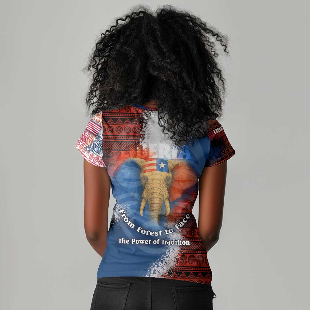 Liberia Elephant Power of Tradition Women V-Neck T-Shirt Tribal Red Blue Splash - African Pride