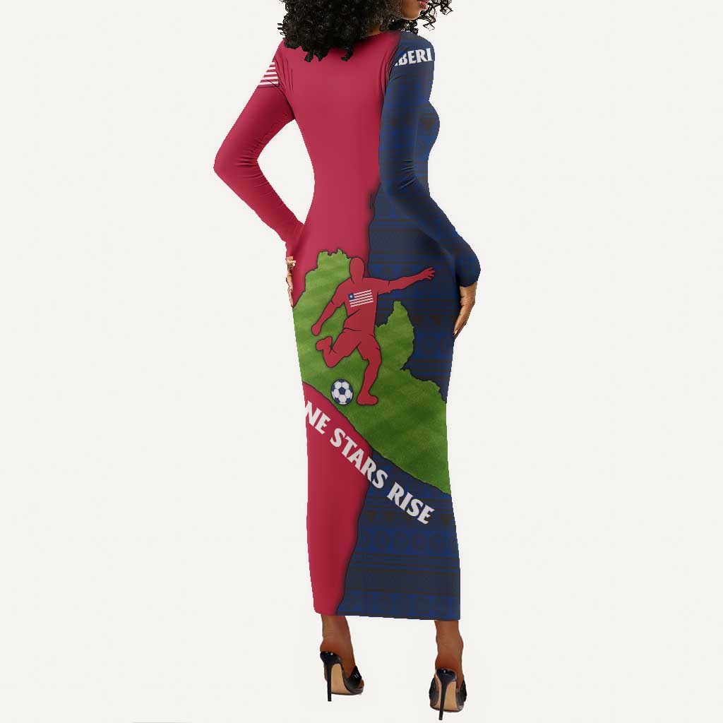 Liberia Lone Stars Rise Football Long Sleeve Bodycon Dress Map Graphic and National Flag - African Pride