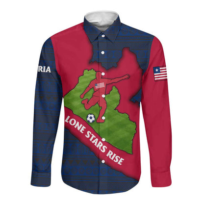 Liberia Lone Stars Rise Football Long Sleeve Button Shirt Map Graphic and National Flag - African Pride