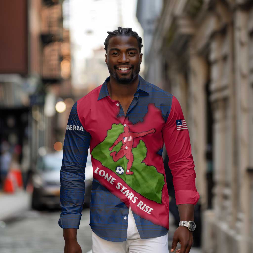 Liberia Lone Stars Rise Football Long Sleeve Button Shirt Map Graphic and National Flag - African Pride