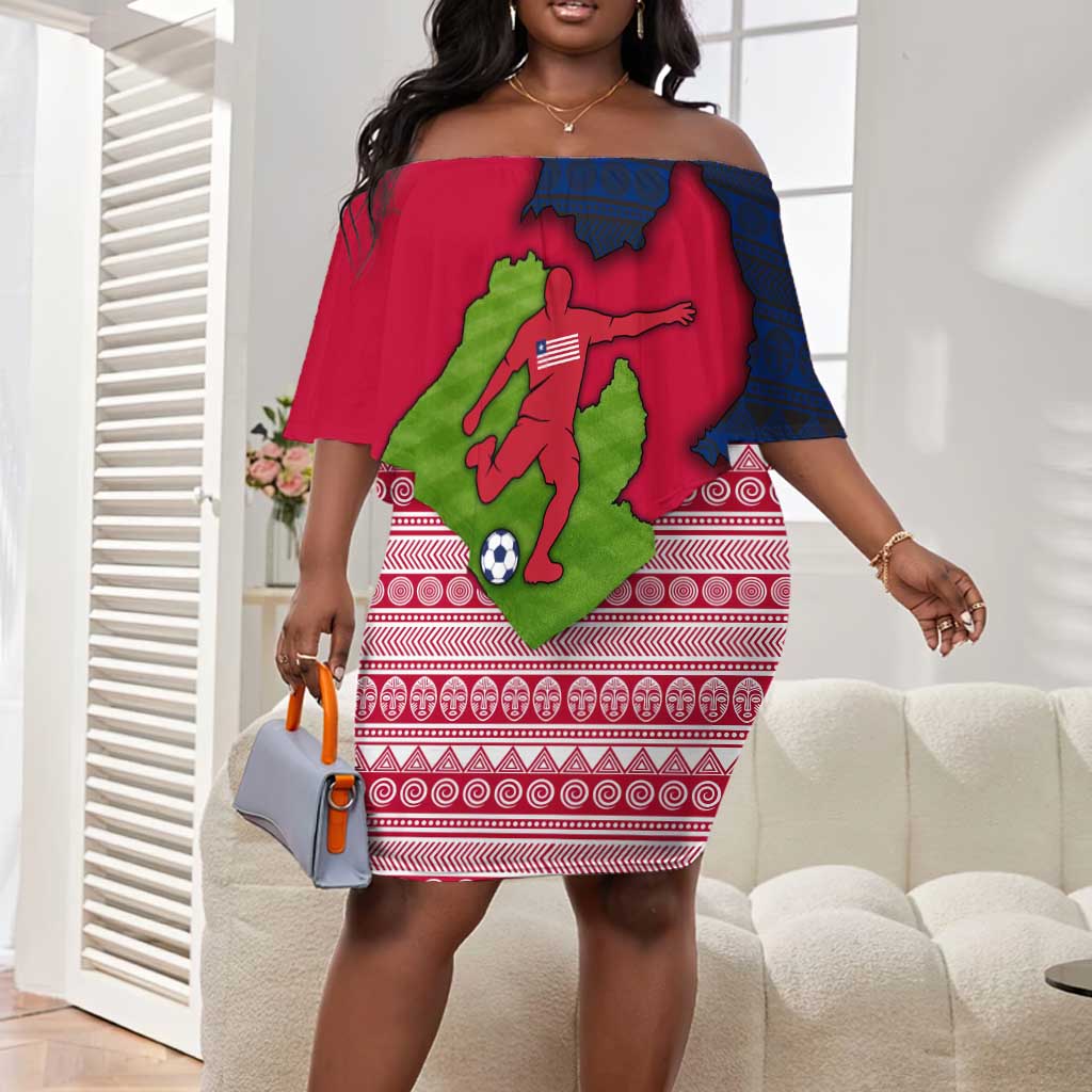 Liberia Lone Stars Rise Football Off Shoulder Short Dress Map Graphic and National Flag - African Pride