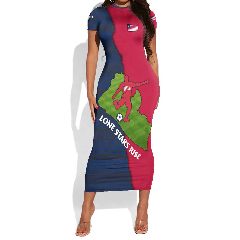 Liberia Lone Stars Rise Football Short Sleeve Bodycon Dress Map Graphic and National Flag - African Pride