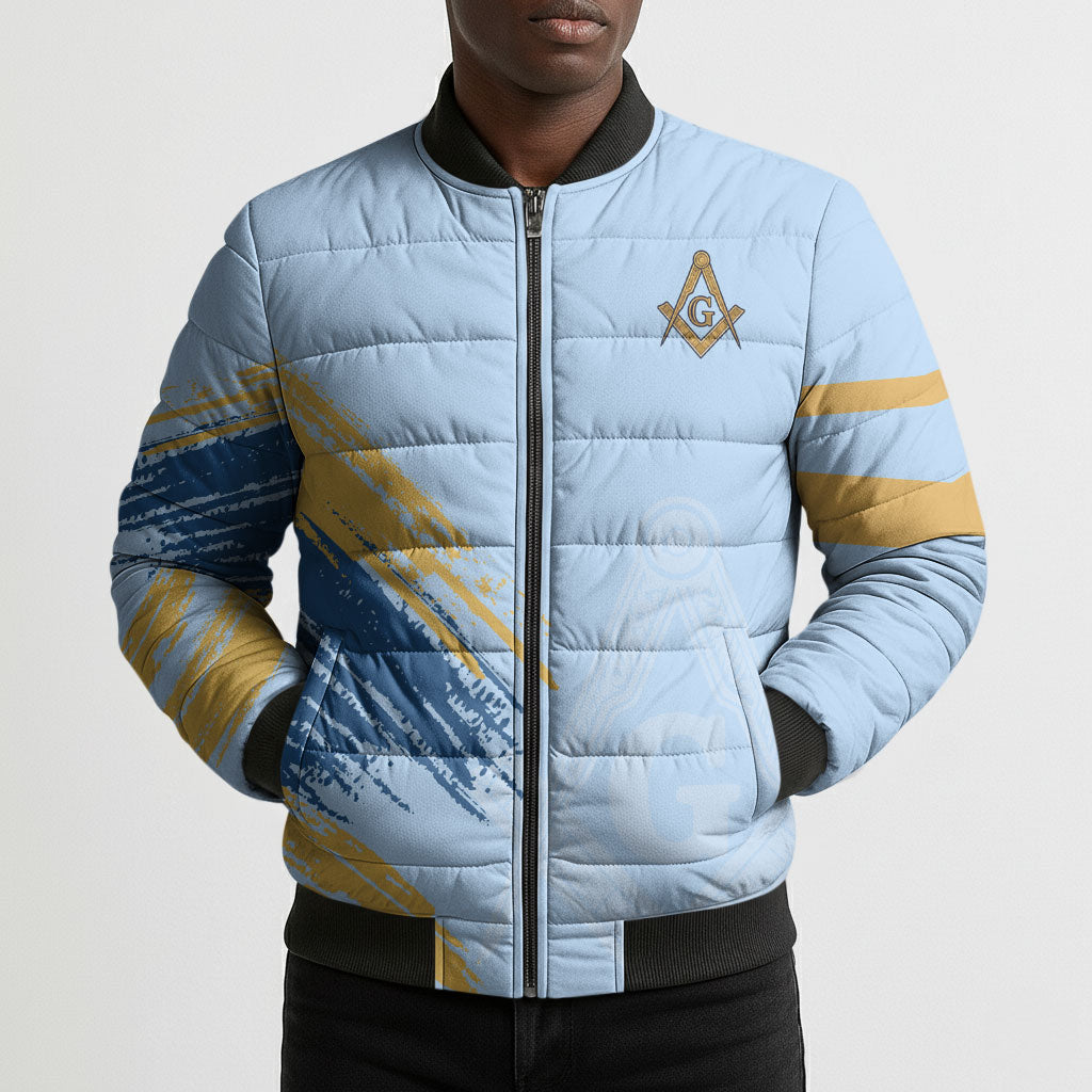 Prince Hall Freemasonry Bomber Puffer Jacket Vintage Brush Stroke Masonic Blue Gold Graphic
