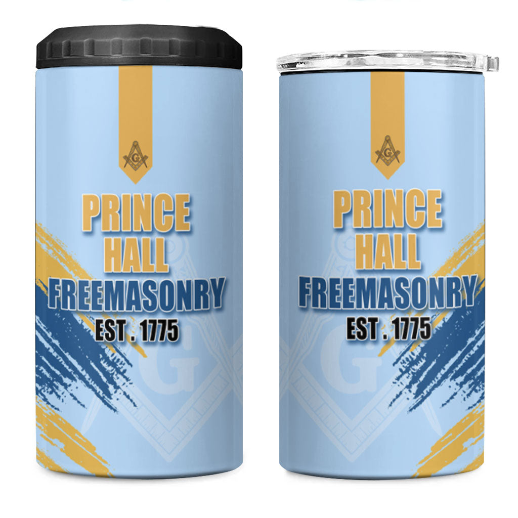 Prince Hall Freemasonry 4 in 1 Can Cooler Tumbler Vintage Brush Stroke Masonic Blue Gold Graphic