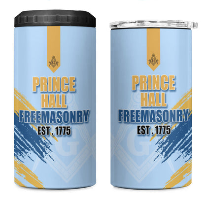 Prince Hall Freemasonry 4 in 1 Can Cooler Tumbler Vintage Brush Stroke Masonic Blue Gold Graphic