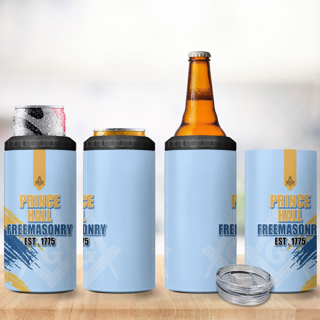 Prince Hall Freemasonry 4 in 1 Can Cooler Tumbler Vintage Brush Stroke Masonic Blue Gold Graphic