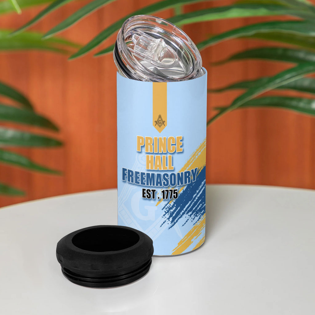Prince Hall Freemasonry 4 in 1 Can Cooler Tumbler Vintage Brush Stroke Masonic Blue Gold Graphic