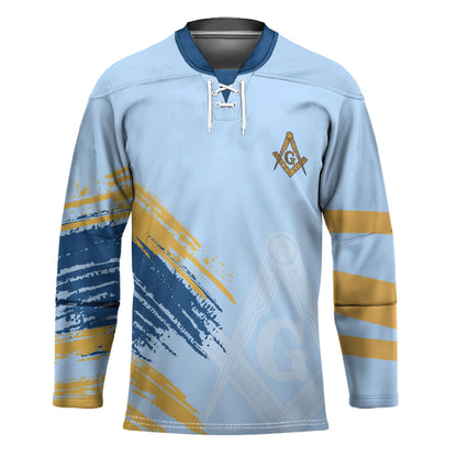 Prince Hall Freemasonry Hockey Jersey Vintage Brush Stroke Masonic Blue Gold Graphic