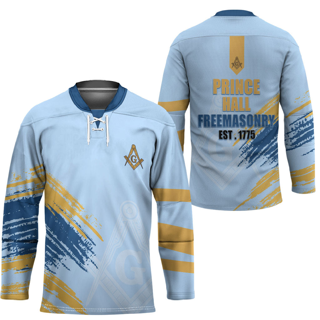 Prince Hall Freemasonry Hockey Jersey Vintage Brush Stroke Masonic Blue Gold Graphic