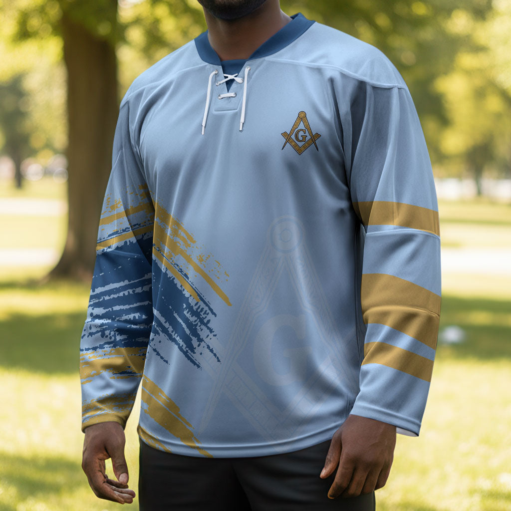 Prince Hall Freemasonry Hockey Jersey Vintage Brush Stroke Masonic Blue Gold Graphic