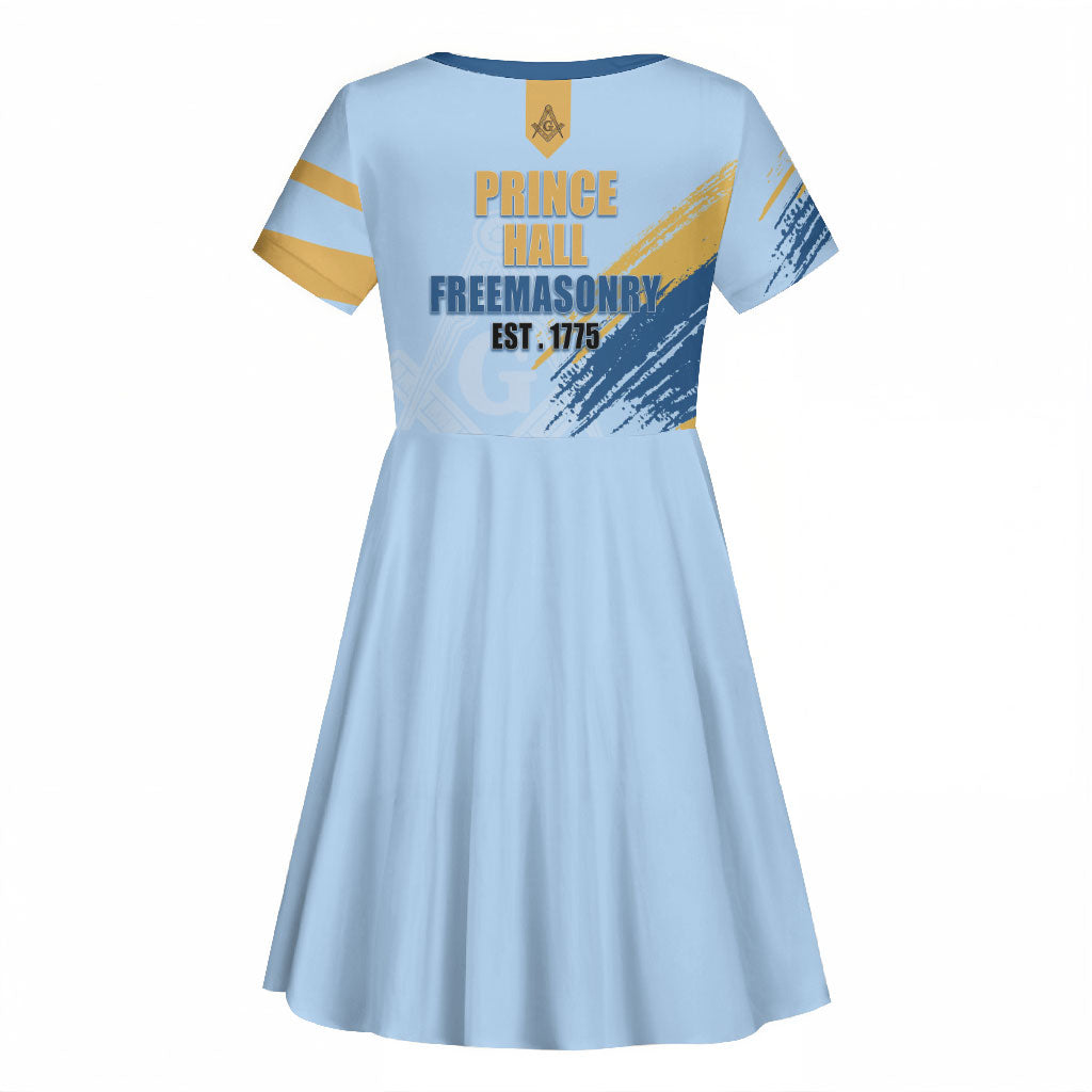Prince Hall Freemasonry Kid Short Sleeve Dress Vintage Brush Stroke Masonic Blue Gold Graphic