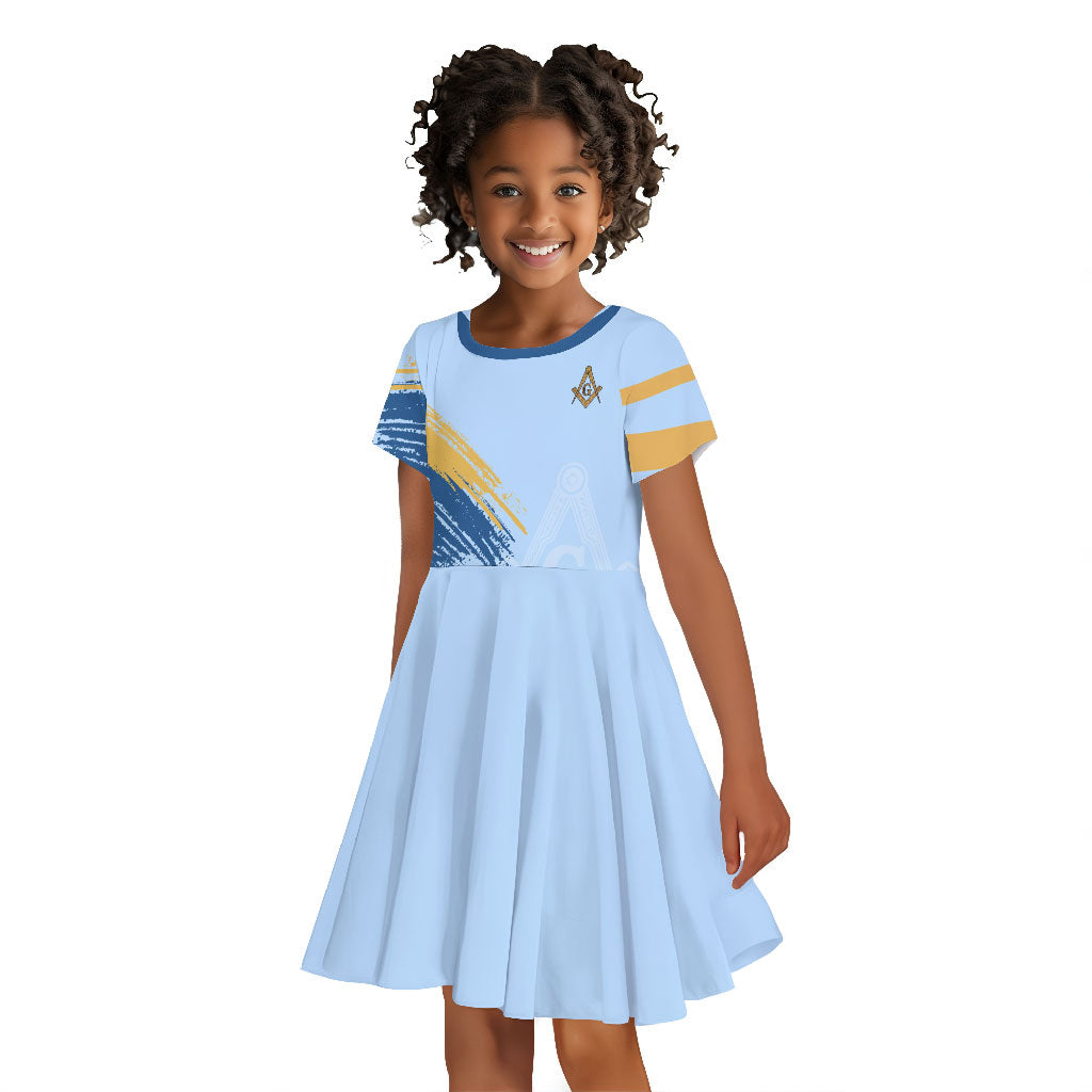 Prince Hall Freemasonry Kid Short Sleeve Dress Vintage Brush Stroke Masonic Blue Gold Graphic