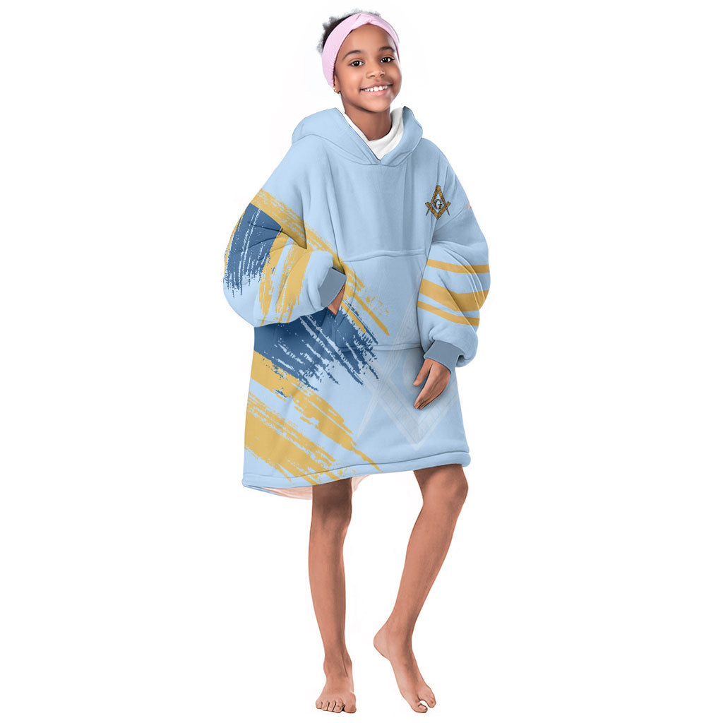 Prince Hall Freemasonry Kid Wearable Blanket Hoodie Vintage Brush Stroke Masonic Blue Gold Graphic