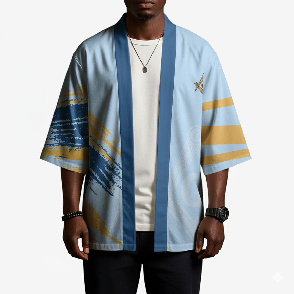 Prince Hall Freemasonry Kimono Vintage Brush Stroke Masonic Blue Gold Graphic