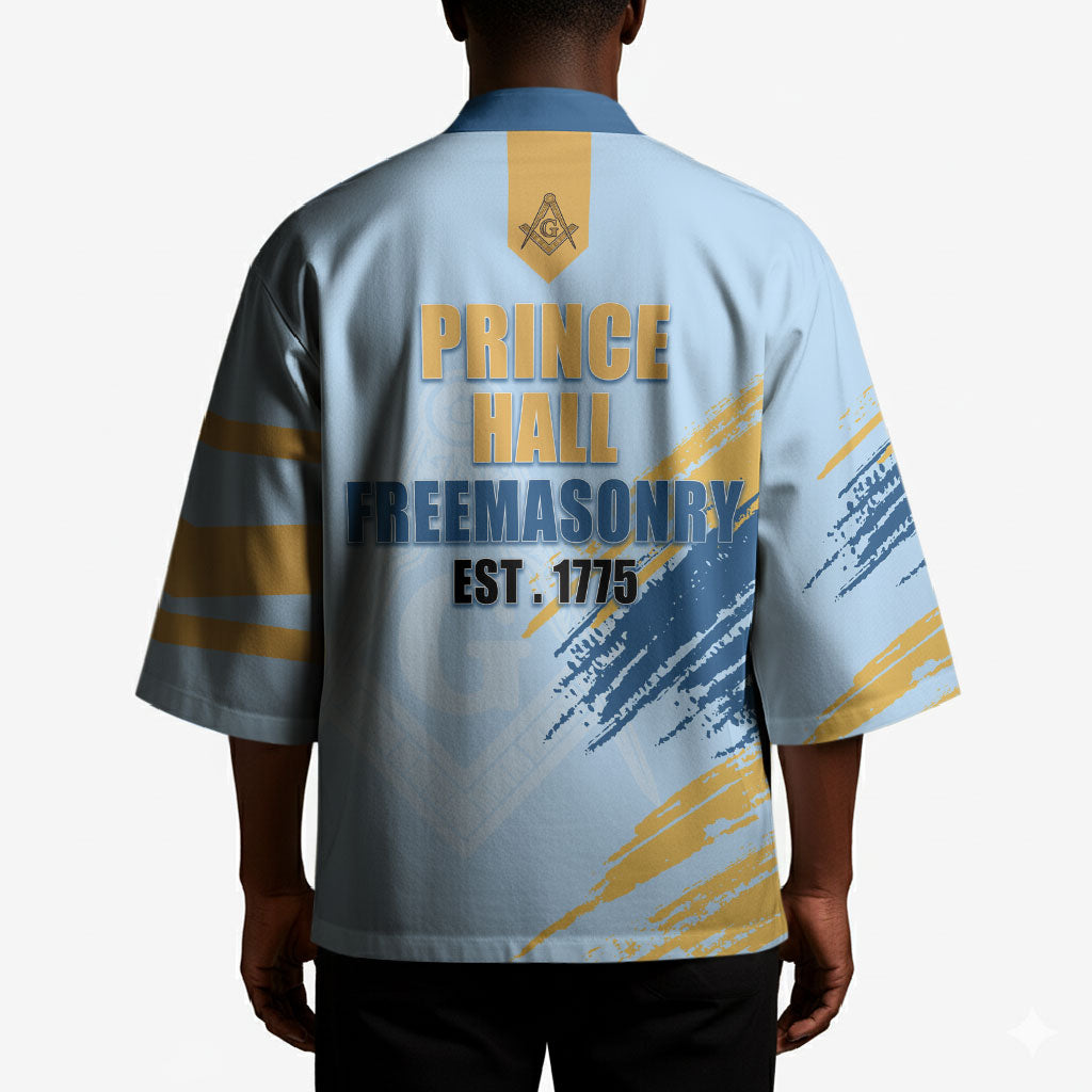 Prince Hall Freemasonry Kimono Vintage Brush Stroke Masonic Blue Gold Graphic