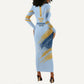 Prince Hall Freemasonry Long Sleeve Bodycon Dress Vintage Brush Stroke Masonic Blue Gold Graphic
