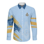 Prince Hall Freemasonry Long Sleeve Button Shirt Vintage Brush Stroke Masonic Blue Gold Graphic