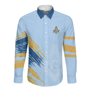 Prince Hall Freemasonry Long Sleeve Button Shirt Vintage Brush Stroke Masonic Blue Gold Graphic