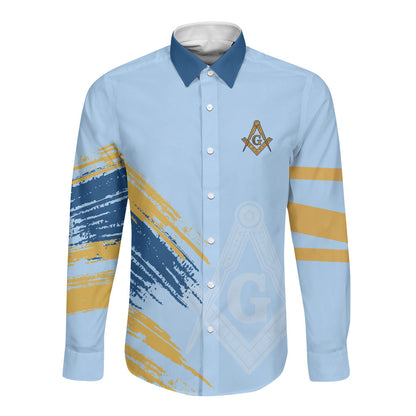 Prince Hall Freemasonry Long Sleeve Button Shirt Vintage Brush Stroke Masonic Blue Gold Graphic