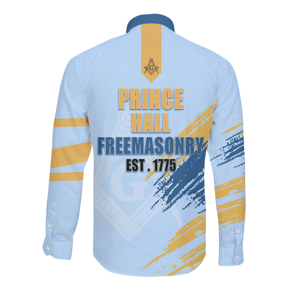 Prince Hall Freemasonry Long Sleeve Button Shirt Vintage Brush Stroke Masonic Blue Gold Graphic