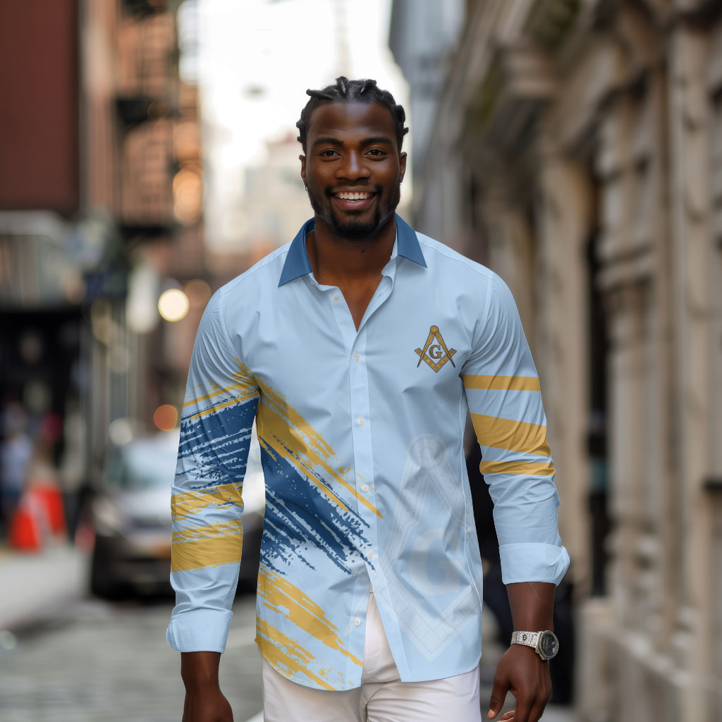 Prince Hall Freemasonry Long Sleeve Button Shirt Vintage Brush Stroke Masonic Blue Gold Graphic