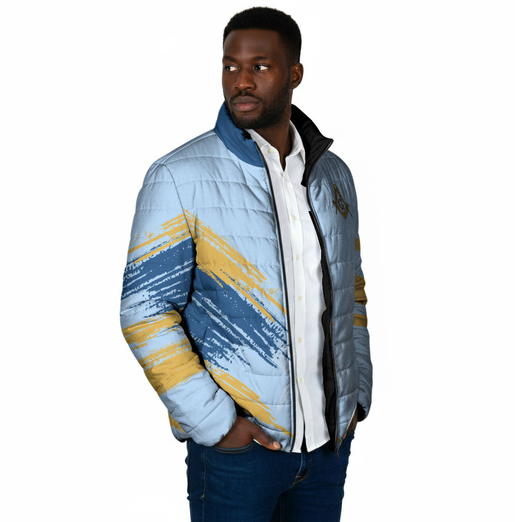 Prince Hall Freemasonry Padded Jacket Vintage Brush Stroke Masonic Blue Gold Graphic