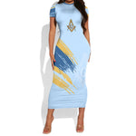 Prince Hall Freemasonry Short Sleeve Bodycon Dress Vintage Brush Stroke Masonic Blue Gold Graphic