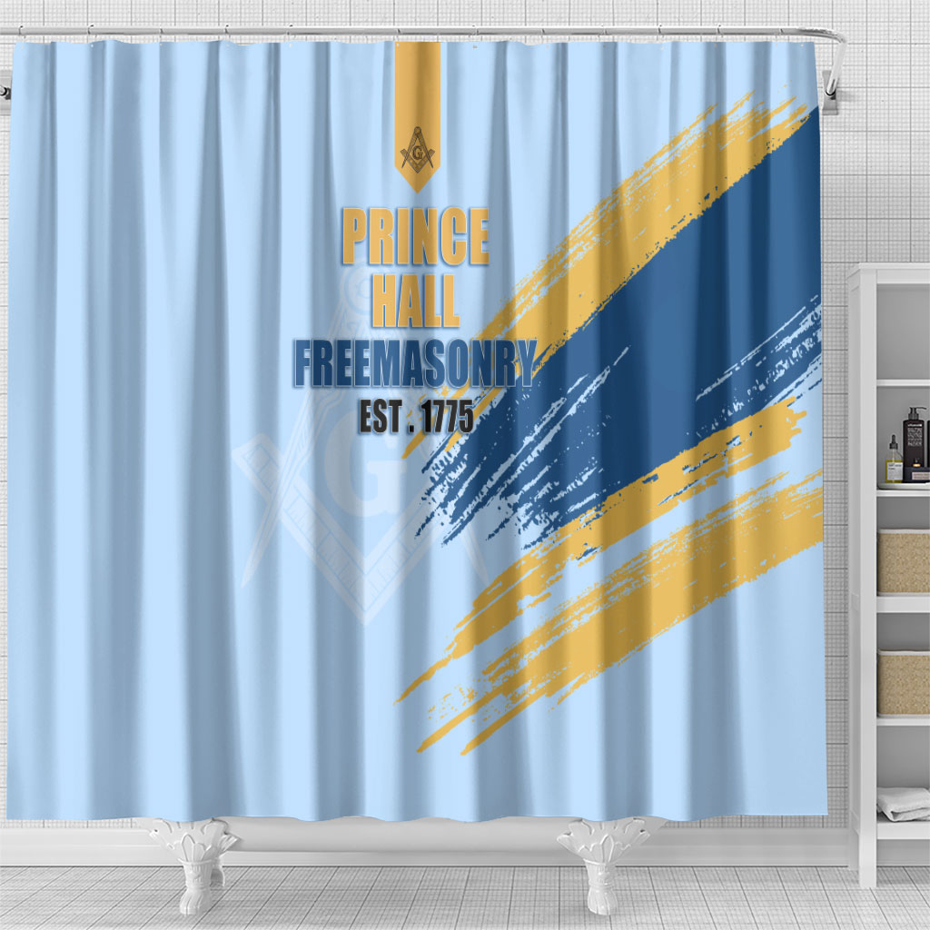 Prince Hall Freemasonry Shower Curtain Vintage Brush Stroke Masonic Blue Gold Graphic