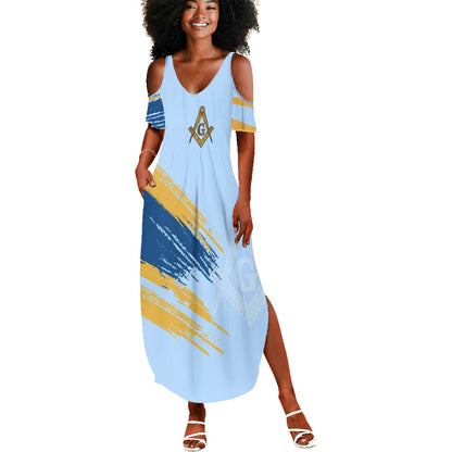 Prince Hall Freemasonry Summer Maxi Dress Vintage Brush Stroke Masonic Blue Gold Graphic