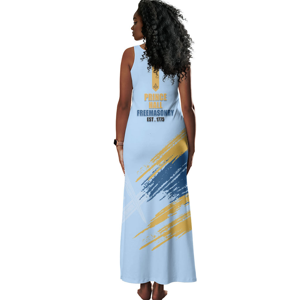 Prince Hall Freemasonry Tank Maxi Dress Vintage Brush Stroke Masonic Blue Gold Graphic