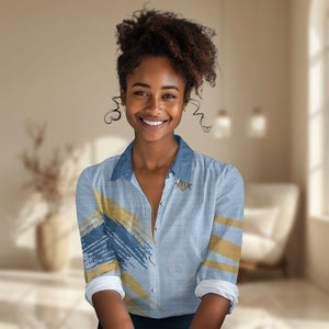Prince Hall Freemasonry Women Casual Shirt Vintage Brush Stroke Masonic Blue Gold Graphic