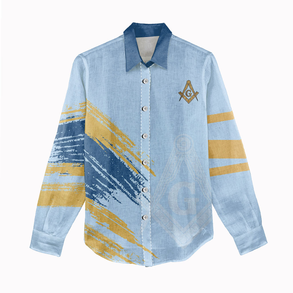 Prince Hall Freemasonry Women Casual Shirt Vintage Brush Stroke Masonic Blue Gold Graphic