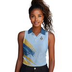 Prince Hall Freemasonry Women Sleeveless Polo Shirt Vintage Brush Stroke Masonic Blue Gold Graphic