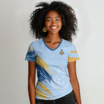 Prince Hall Freemasonry Women V-Neck T-Shirt Vintage Brush Stroke Masonic Blue Gold Graphic