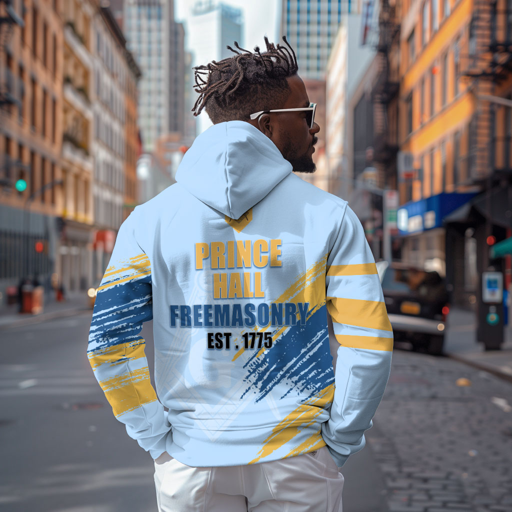 Prince Hall Freemasonry Zip Hoodie Vintage Brush Stroke Masonic Blue Gold Graphic