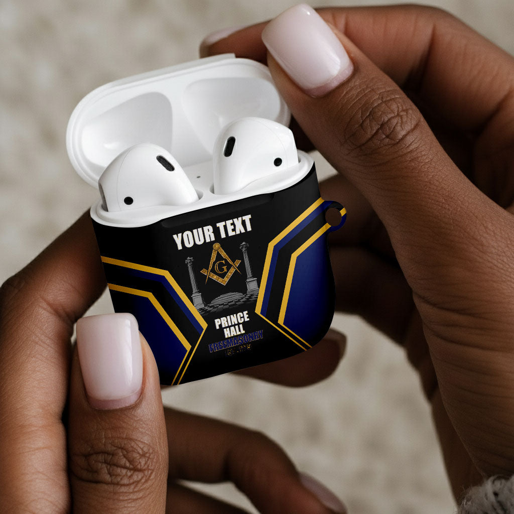 Personalized Prince Hall Freemasonry AirPods Case Royal Blue Gold Masonic Geometric Legacy Graphic