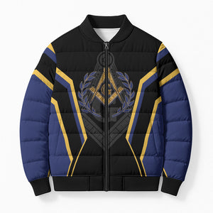 Personalized Prince Hall Freemasonry Bomber Puffer Jacket Royal Blue Gold Masonic Geometric Legacy Graphic