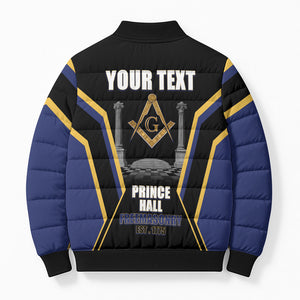 Personalized Prince Hall Freemasonry Bomber Puffer Jacket Royal Blue Gold Masonic Geometric Legacy Graphic