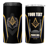 Personalized Prince Hall Freemasonry 4 in 1 Can Cooler Tumbler Royal Blue Gold Masonic Geometric Legacy Graphic