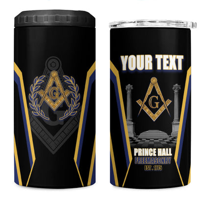 Personalized Prince Hall Freemasonry 4 in 1 Can Cooler Tumbler Royal Blue Gold Masonic Geometric Legacy Graphic