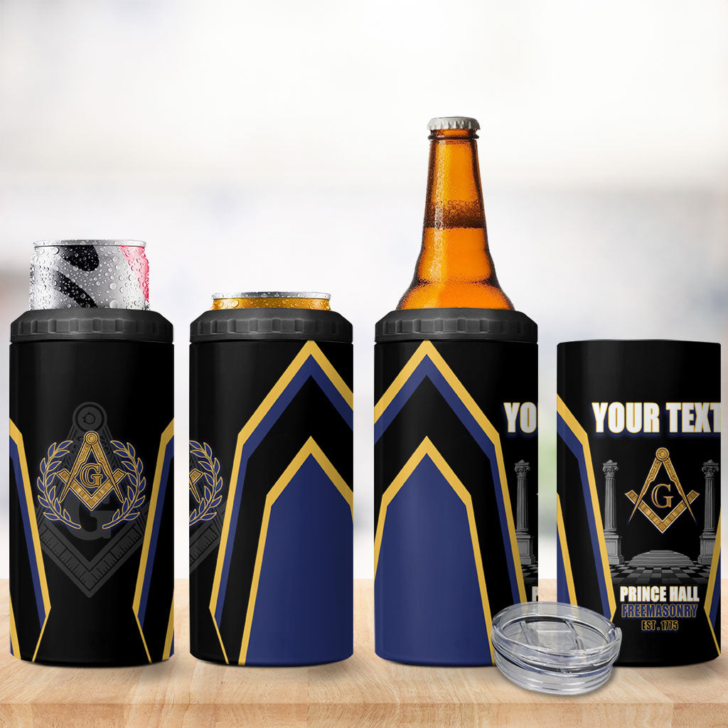 Personalized Prince Hall Freemasonry 4 in 1 Can Cooler Tumbler Royal Blue Gold Masonic Geometric Legacy Graphic