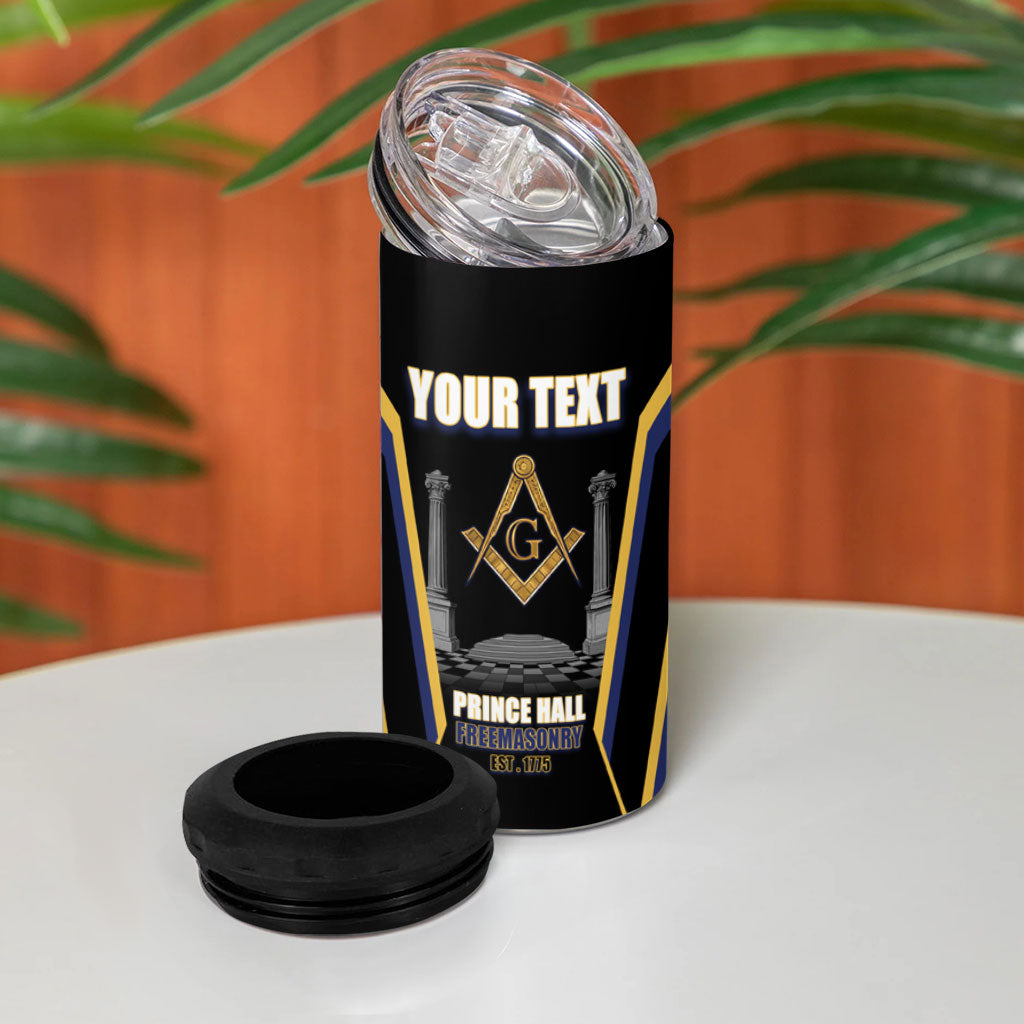 Personalized Prince Hall Freemasonry 4 in 1 Can Cooler Tumbler Royal Blue Gold Masonic Geometric Legacy Graphic